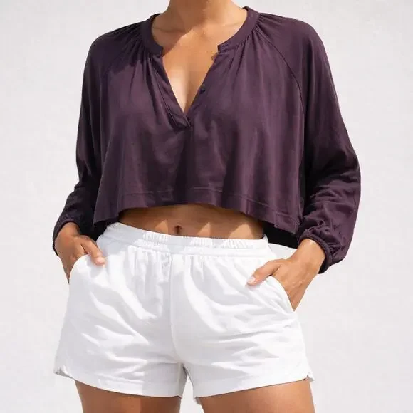 Anthropologie Maeve purple V-neck cropped oversized top Size M - Picture 1 of 10